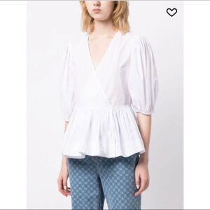 GANNI White Cotton Peplum Blouse with Puff Sleeves Romantic Wrap Top